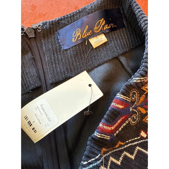 Blue Rain Navy Corduroy Mini Skirt S NWT Scallop Hem Embroidered Geometric - Picture 6 of 6